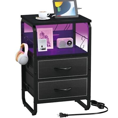 #ad Nightstand with Light LED End Table with Drawers and Charging Black 2 Drawers $80.78