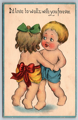 #ad Postcard Humor Funny Cartoon Little Boy Little Girl Dancing in Love c1915 12629 $2.07