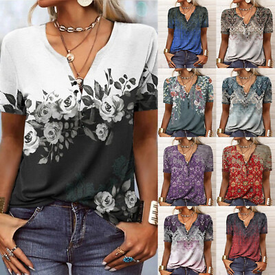 #ad Women V Neck Casual Printed T shirts Ladies Short Sleeve Loose Blouse Top Summer $16.54