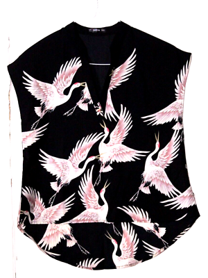 #ad SHEIN BLOUSE ladies size XS black ivory pink crane bird print short sleeve silky $9.99