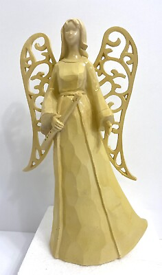 #ad Angel Yellow Resin Angel Figurine Holding Flute 9”x 5” Glazed Religious Statue $18.14