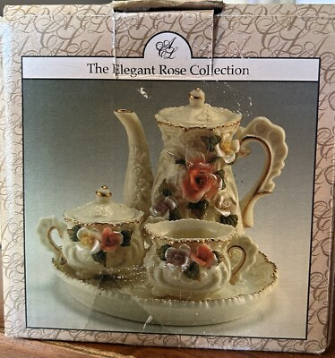 #ad Miniature Tea Set Handmade Vintage Elegant Rose Collection Floral Gold Rimmed $15.00