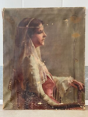 #ad 🔥 Antique Old 19th c. Art Nouveau Social Realism Wedding Portrait Oil Painting $975.00