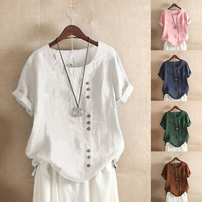 #ad Women Short Sleeve Solid Tops Summer Cotton Linen Casual Shirt Loose Blouse Tees $15.18