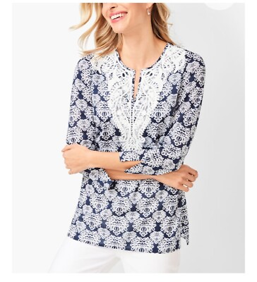 #ad TALBOTS Lace Trimmed Paisley Tunic Top Women L Blue White Cotton 3 4 Sleeve Boho $27.99