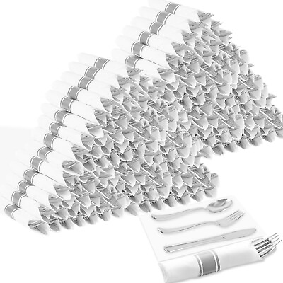 #ad 400 Pcs Pre Rolled Silver Plastic Cutlery Set 100 Pack Wrapped Plastic Silve... $100.78