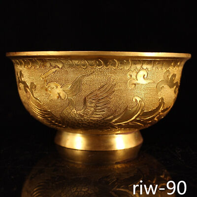 #ad Chinese antique Pure copper Pure handmade carving Tang dynasty Gilding bowl $255.00