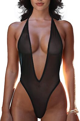 #ad SHERRYLO Sheer One Piece Thong Swimsuit for Women Sexy Plunging See Thru Monokin $61.20