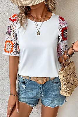 #ad Geometric Crochet Short Sleeve Blouse Top Round Neck *CHOOSE COLOR* SMALL XLRG $33.34