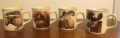 #ad Vintage Artist SIgned L.Herreragg Art Bear Moose Elk Coffee Mug Cup Set of 4 $32.99