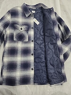 #ad $99 New GAP Men#x27;s Plaid Flannel Shirt Jacket Fleece Lined Blue Grey. Size Small $24.95