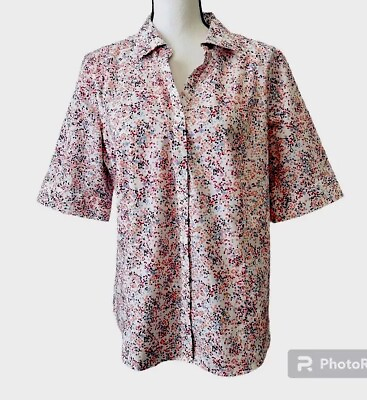 #ad Talbots Womens Polka Dot Wrinkle Resistant Button Up Short Sleeve Shirt Size 14 $10.14