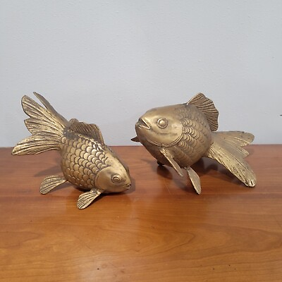 #ad Vintage Pair Mid Century Cast Iron Koi Fish Statue Gold Finish Made in Japan $298.40
