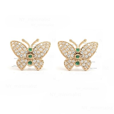 #ad New Butterfly 0.08Ct Emerald Gemstone Stud Earrings Diamond Pave 14k Yellow Gold $388.70