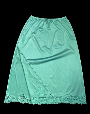 #ad VTG SLIP Skirt Slit LINGERIE hand dyed Green Adonna 1X Nylon Lace $31.20