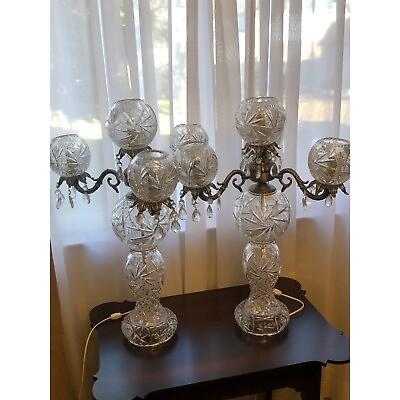 #ad Antique Pair of Cut Glass Crystal Hollywood Regency Triple Ball Table Lamps Banq $2295.00