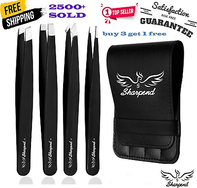 #ad SHARPEND Tweezers Set 4 Piece Professional Stainless Eyebrow Hair Pluckers Case $8.49