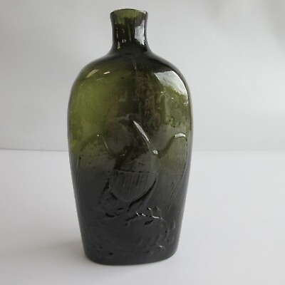 #ad Antique Green Glass Willington CT Eagle Historical Flask Bottle $600.00