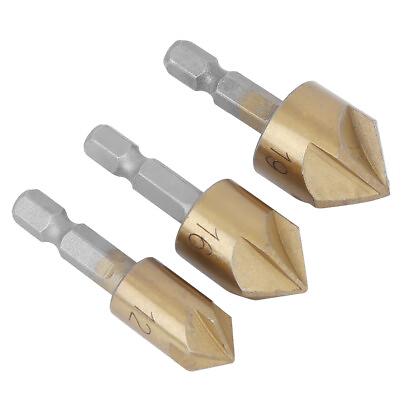 #ad 3PCs Chamfer Cutter Woodworking Tool Steel Gold Hex Rod 5 Flute 90° 12mm 19mm♫ $8.59
