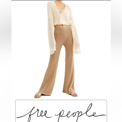 #ad Free People Ribbed Knit Keep It Real Camel Heather Flare Pant Sz S Casual NWT $36.00