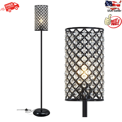 #ad Standing Floor Lamp Crystal with Elegant Shade Black Tall Pole Accent Bedroom $55.70