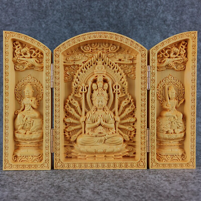 #ad Japanese Netsuke Boxwood Three Open Buddha Carved Guanyin Box Statue $31.84