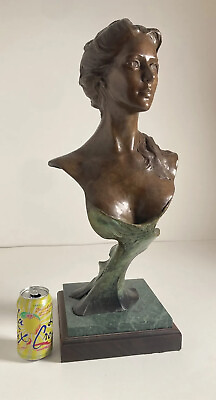 #ad Vintage Original Solid Bronze Sculpture Woman Bust Art Deco Base Signed $875.00