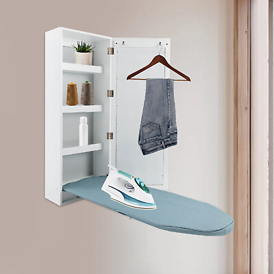 #ad White Ironing Board Cabinet Wall Mounted Storage Cabinet Foldable with Mirror $158.65