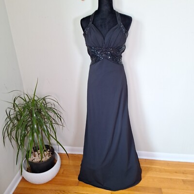 #ad Vtg Black Beaded Gown Maxi Dress Formal Prom Pagent Goddess Sequin Halter Size M $49.99