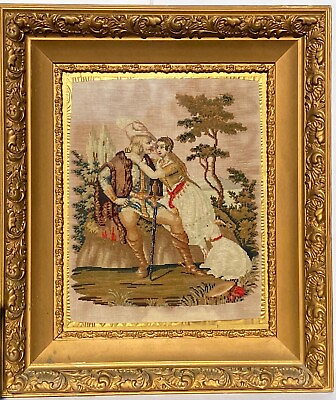 #ad 19thC Antique Victorian Needlepoint Embroidery in Shadowbox Frame w Wavy Glass $225.00