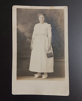 #ad Vintage Photo Postcard Older Woman in White Dress Early 1900s AZO $5.73