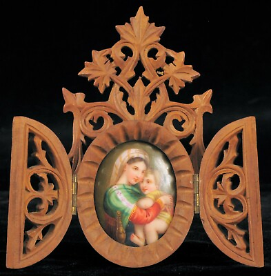 #ad ANTIQUE PAINTED MINIATURE PORCELAIN PAINTING RELIGIOUS MOTHER CHILD ORNATE FRAME $345.00