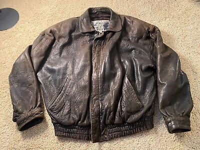 #ad VINTAGE Leather Jacket Mens M Brown Full Zip Biker Bomber Coat Luis Alvear 90s $38.00