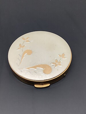 #ad Vintage Brass Powder Compact W Mirror Etched Floral Design EUC $29.99