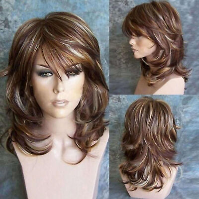 #ad Women Curly Wavy Mixed Color Brown Hair Wig Synthetic Wigs Cosplay Party $15.02