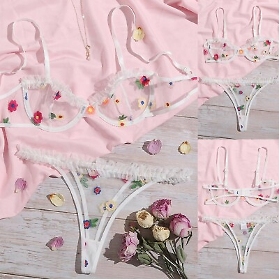 #ad Flowers Embroidery Bra G String Thong Sleepwear Underwear Women Lingerie Briefs $10.77