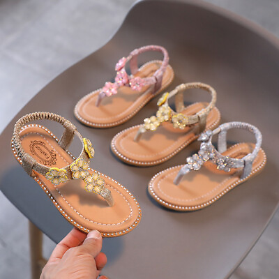 #ad Girls Kids Beach Sandals Toddler Flip Flops Princess Flower Dress Flat Shoes $19.56