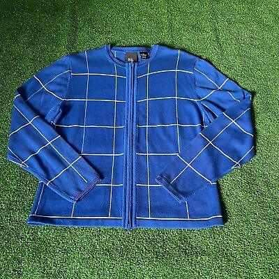 #ad RGL Zipper Front Long Sleeve Jacquard Check Blue Cardigan Sweatshirt Size M $10.00