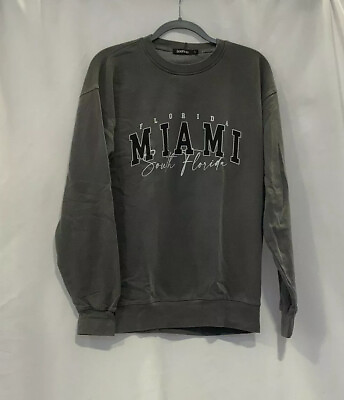 #ad Boohoo Womens Miami Slogan Oversized Washed Charcoal Pullover Sweatshirt Size L $24.99