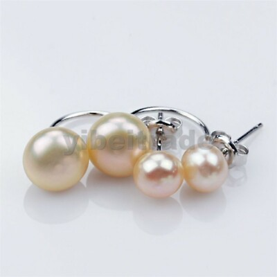#ad Women 925 Silver pink 8 10mm freshwater Cultured double Pearl Earrings $10.99
