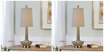 #ad PAIR DESIGNER 31quot; TEXTURED STONE IVORY FINISH TABLE LAMP BRUSHED BRASS METAL $497.20
