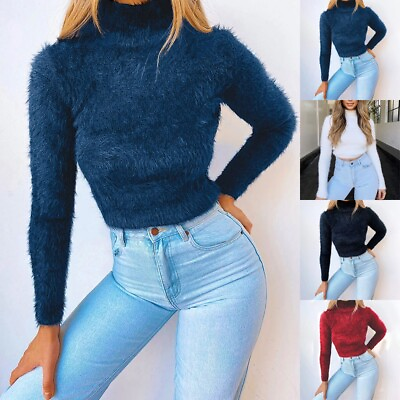 #ad Women Winter Fluffy Turtleneck Sweater Long Sleeve Pullovers Cropped Tops Jumper $19.03