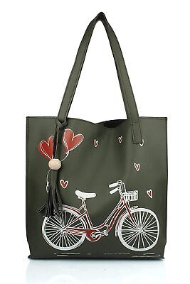 #ad New Women#x27;s Pu Material Tote Bag For Girls Stylish Handbag Cycle Print Green $59.69