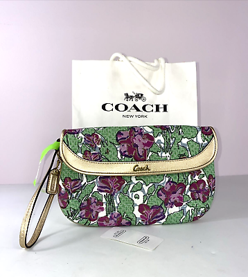 #ad Coach Floral Large Flap Bag Wristlet Green Purple Canvas Gold Leather F45326 B15 $69.99