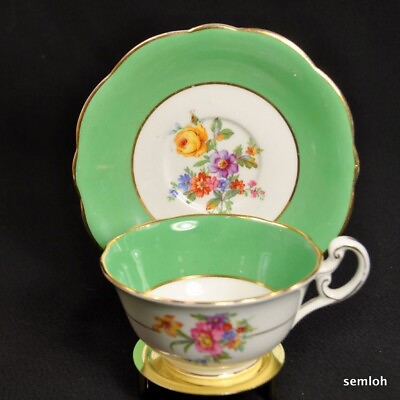 #ad E Brain Foley Footed Cup Saucer Floral Sprays Emerald Green Bands Gold 1930 1936 $57.98