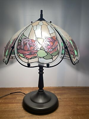 #ad 19” Glass 6 Panel Painted Rose Lamp 3 Way Touch $75.00