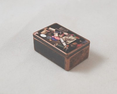 #ad Antique Sewing Box w Accessories dollhouse miniature 1 12quot; scale G7047 metal $5.99