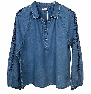 #ad Faherty X Doug Good Feather Womens Blue Chambray Journey Top Embroidery Shirt M $39.00