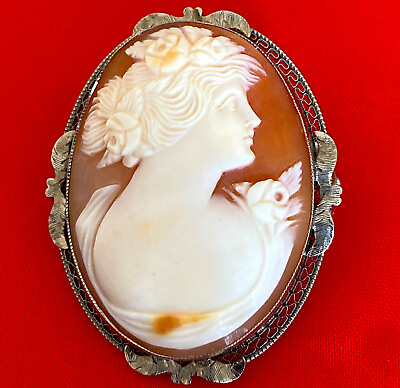 #ad Excellent 10K Karat Marked White GOLD CAMEO Brooch Pin Carved Shell Vintage NICE $199.99