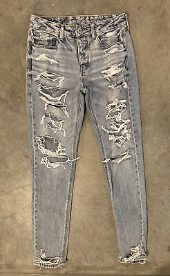 #ad American Eagle TomGirl Jeans Womens 2 X Long Blue Denim Distressed Button Fly $16.95